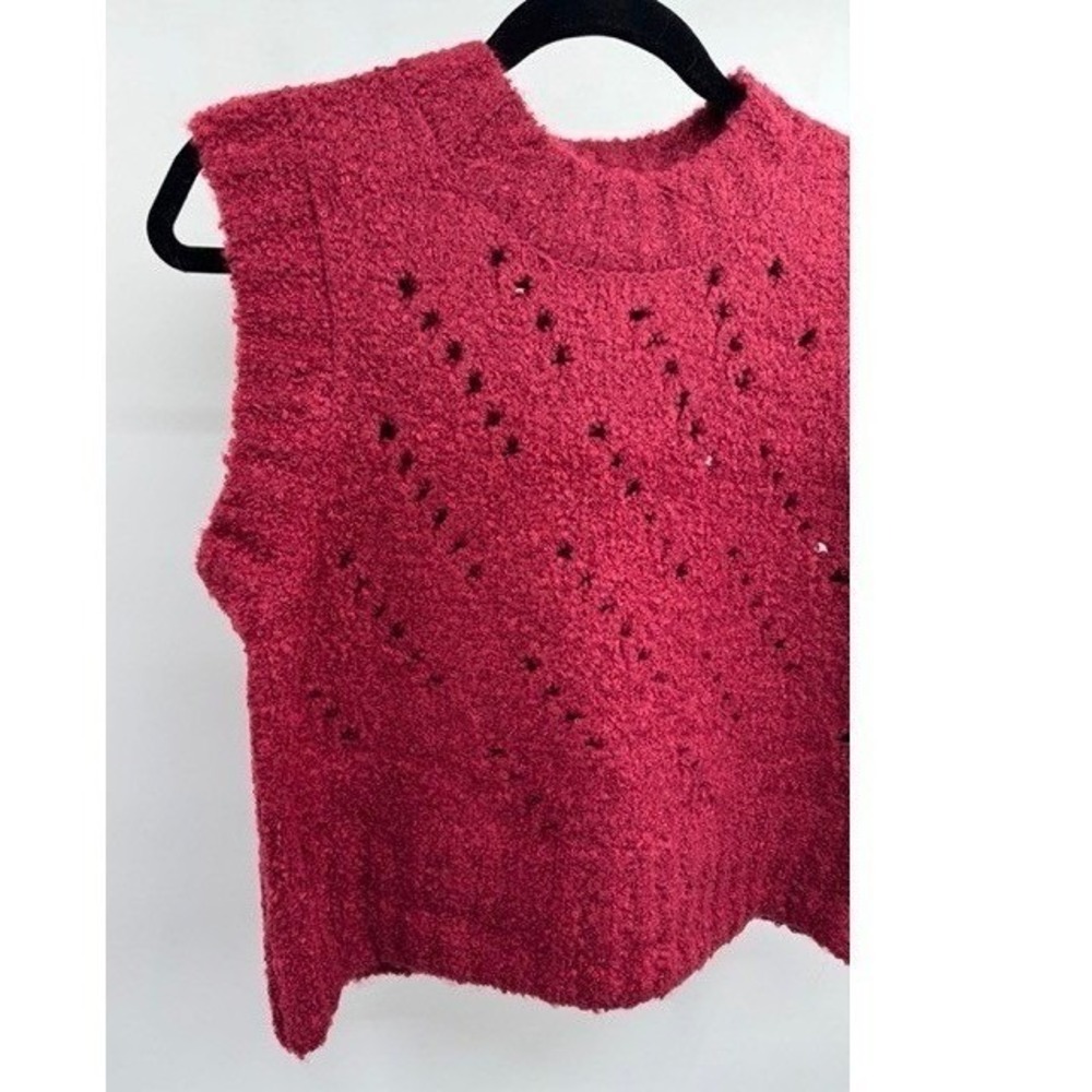 Zenana NEW Burgundy Textured Wool Eyelet Sweater Vest LARGE Pointelle Cropped - Picture 3 of 9